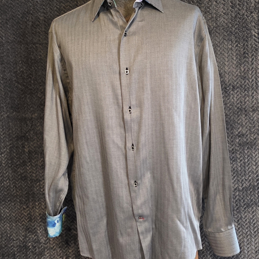 LUCHIANO VISCONTI MENS BLACK TEXTURED SHIRT LONG SLEEVE FLIP CUFFS LARGE -N103